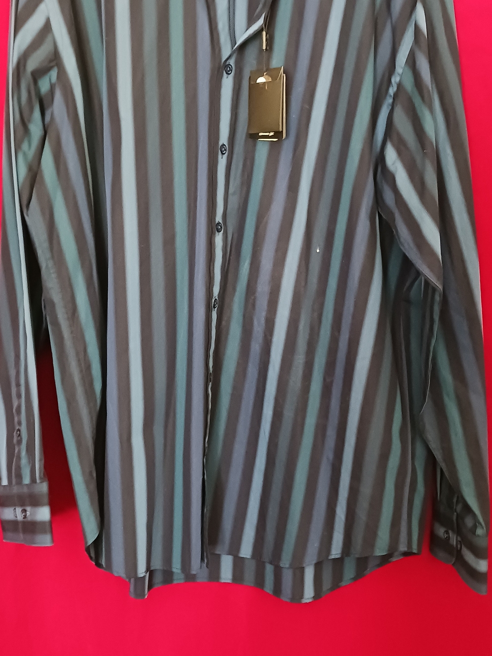 NEW Bugatchi Vertical Stripe Dress Shirt in Teal and Charcoal
